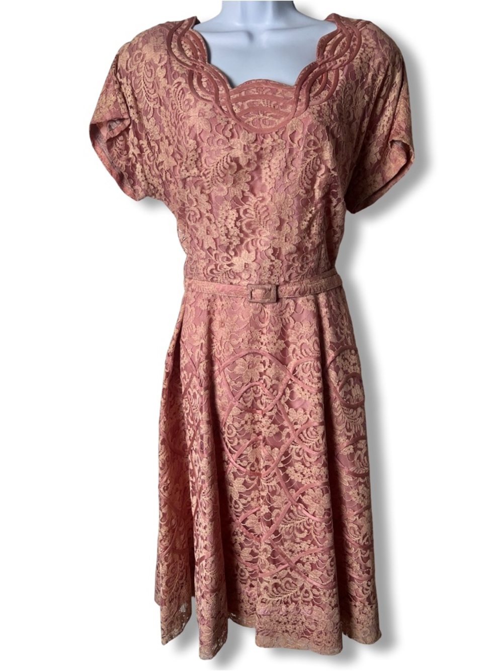 VTG 50s Gloria Swanson Forever Young Pink Lace Belted Party Tea Midi Dress Sz. M